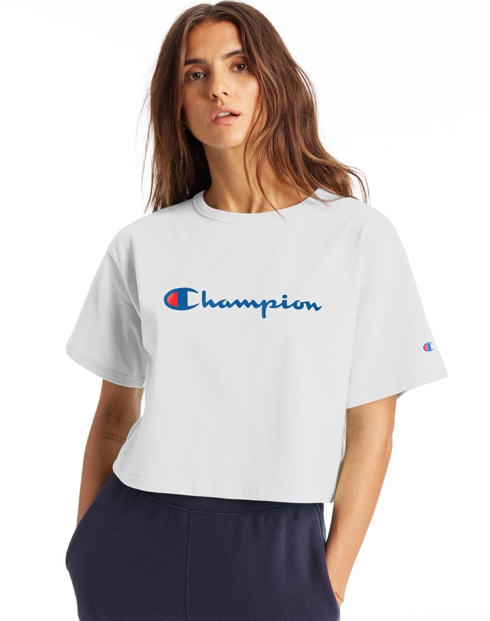 Champion Heritage Cropped Script Logo T-Shirt Dames - Wit - Belgie 5873CHEAX